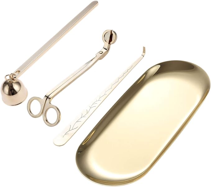MUXSAM 4 in 1 Candle Accessory Set - Wick Trimmer, Snuffer, Dipper, Storage Tray Plate - Care Tools Gifts for Candle Lovers (Gold)