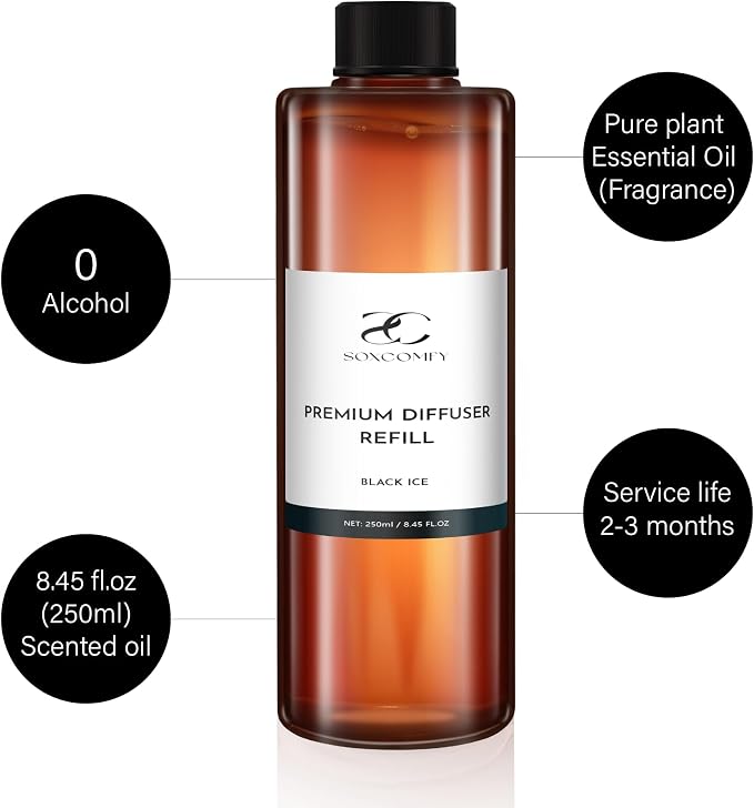 Diffuser Oil Refill, 250ml / 8.45 fl oz, Black ICE - Reed & Aromatherapy Diffuser Oil, Long-Lasting Home Fragrance, Grapefruit, Jasmine & Cedar Notes
