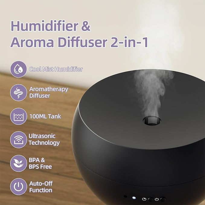 Essential Oil Diffuser,Cool Mist Humidifier with 2 Modes, Auto-Off Function | Small Ultrasonic Aromatherapy Diffuser, Fragrance Aroma Diffuser for Bedroom, Home Essentials, Scent Diffuser 100ml, Black