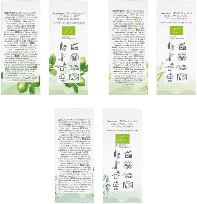 Set Morning Energy Organic Essential Oils | 1.52 Fl Oz | Lime + Tea Tree + Eucalyptus | 100% Pure and Natural | Undiluted | Therapeutic Grade | Non-GMO | (3 pcs x 15 ml)