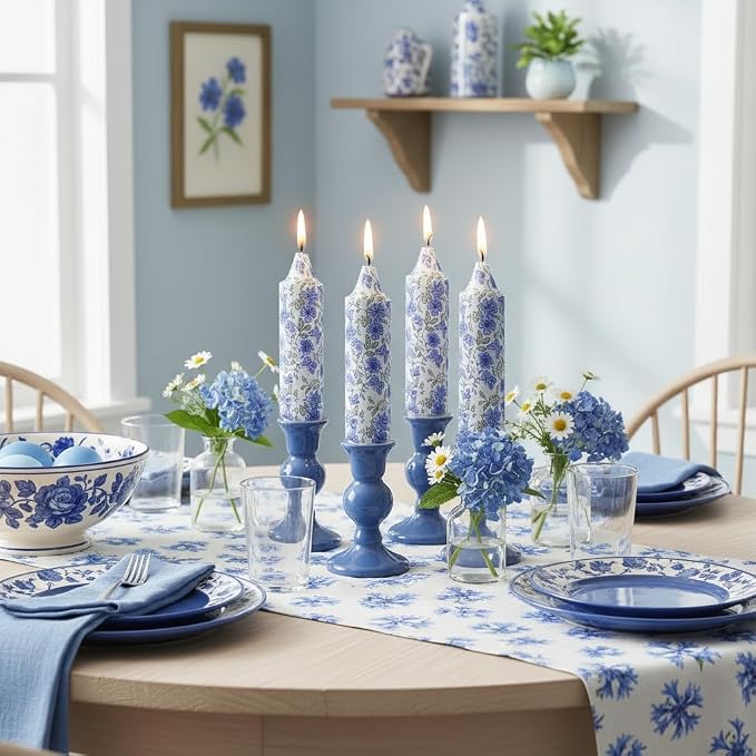 5 inch Short Blue Candle Floral Candle Sticks Printed Candlestick Handmade Unscented Taper Candle 4 Pack Flower Tapered Candles for Blue Home Dinner Wedding Holiday