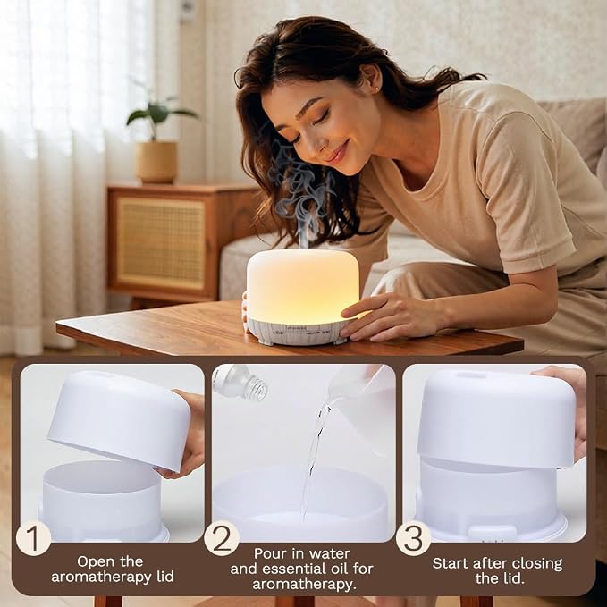500ml Premium Essential Oil Diffuser,Quiet 4-in-1 Ultrasonic Aromatherapy Humidifier,7 Color LED Lights,with Adjustable Automatic Timer Off Function and Spray Mode. (White Woodgrain,Mini Model)