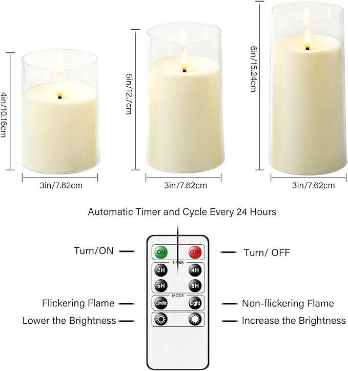 kakoya Flickering Flameless Candles Battery Operated with Remote and 2/4/6/8 H Timer Acrylic Led Pillar Candles Pack of 9 (D 3" xH 4" 5" 6") with Realistic 3D Wick Candles for Home Decor(Ivory)