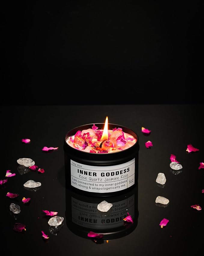 Inner Goddess, Candle Gift with Rose Quartz Crystal Floral Scented, Soy Wax Candle for Self-Care and Feminine Energy.