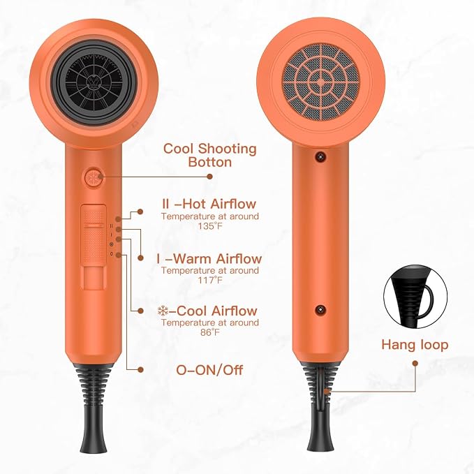 Slopehill Professional Ionic Hair Dryer, Powerful 1800W Fast Drying Low Noise Blow Dryer with 2 Concentrator Nozzle 1 Diffuser Attachments for Home Salon Travel (Cosmic Orange)