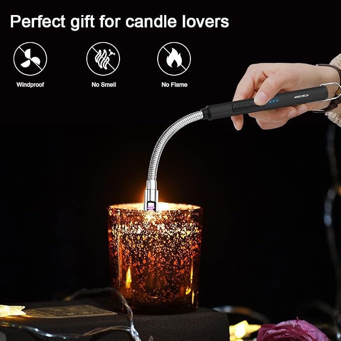 ARECTECH Electric Arc Candle Lighter Flameless Rechargeable USB Long Lighter for Candle Cooking BBQs Fireworks Black