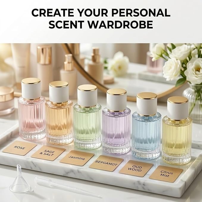 Empty Perfume Spray Bottles Set, Ribbed Glass Atomizer Refillable Portable Glass Atomizers with Funnel and Dropper, Fine Mist Spray for Women Men Dispenser Fragrance Container Set (6Pcs, Clear)