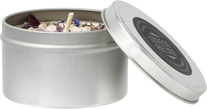 Stress Relief Candle by New Moon Beginnings - Lavender Scented Candle - Dried Flower & Crystal Candles - All Natural Essential Oil Soy Candle (8 Ounce Round Tin)
