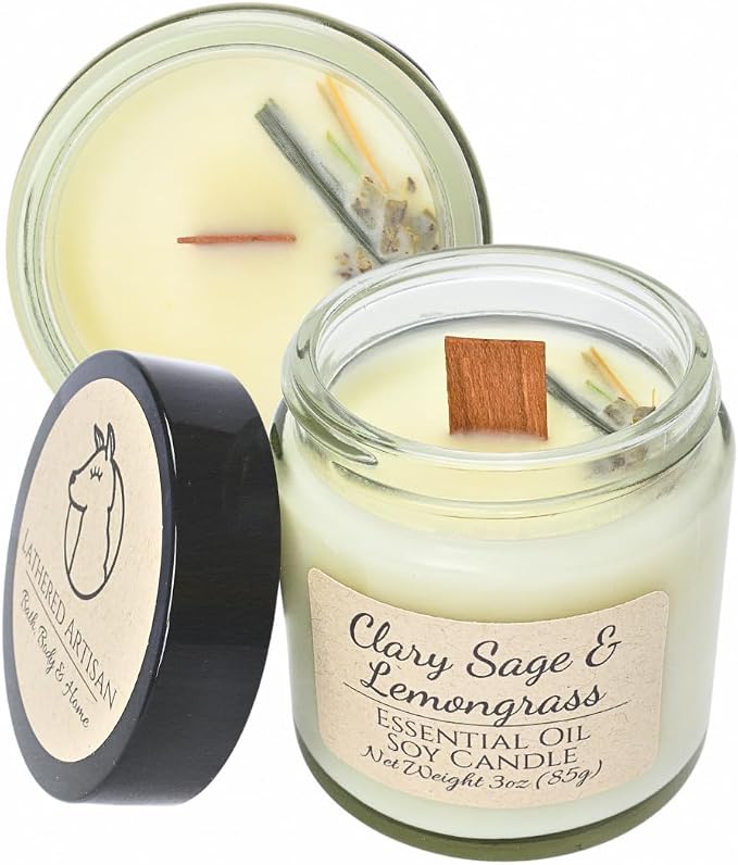 Clary Sage & Lemongrass Essential Oil Candle 3 oz, Hand Crafted Pure Soy Wax Candle, Wooden Wick, Dried Flowers, 23 Hour Burn Time, Natural Aromatherapy Glass Jar Candle with Lid by Lathered Artisan