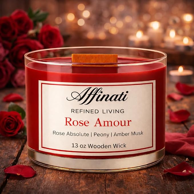 Affinati Rose Amour 3-Wick Wood Candle Bowl, 13 oz – Elegant Aesthetic Crackling Home Decor Centerpiece, Highly Scented Rose Soy Candle
