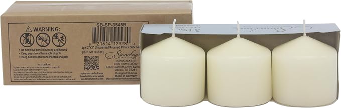 Stonebriar Unscented Pillar Candles – 18 Hour Burn Time, Long-Lasting Wax Candles for Weddings, Holidays, Home Décor & Special Events, Pack of 3, Ivory, 3" x 3"