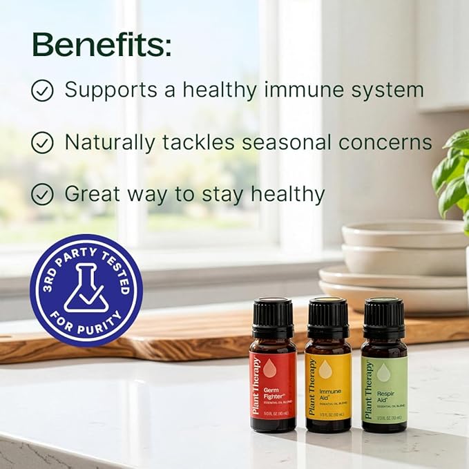 Plant Therapy Wellness Essential Oil Set, 3-Pack of 10 MLS (1/3 oz), Pure Essential Oil Blends: Germ Fighter, Immune Aid & Respir Aid, Great for Immune Support, Respiratory Relief & Seasonal Wellness