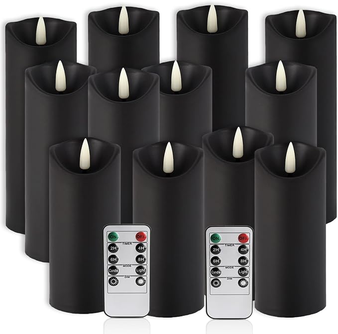 YOROXRG 12 Pack Halloween Decoration Flickering Flameless Candles, Battery Operated LED Pillar Candles with Remote Control and Timer.for Home Decor (D2.2 xH 5" 6" 7" Black)