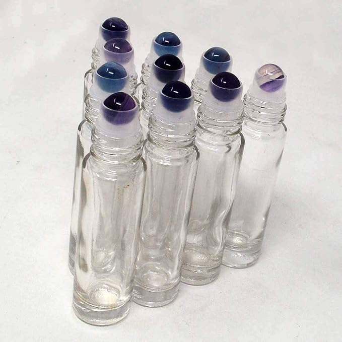 fengshuisale 10pcs Clear 10ml Empty Refillable Glass Bottles with Crystal Semiprecious Stones Essential Oil Gemstone Roller Ball Bottles with Silver Lid with Free Bag W3900 (Fluorite)