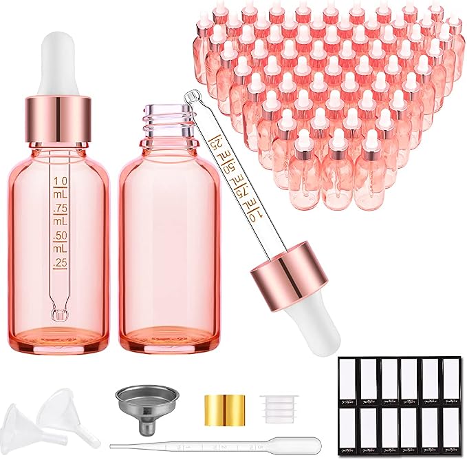 PrettyCare Glass Eye Dropper Bottles 2oz (60ml), 63 Pack Empty Thick Rose Glass Bottles Bulk with Leakproof Caps - With Labels & Funnels for for Storage, Travel,Essential Oils, DIY Serums, Tincture
