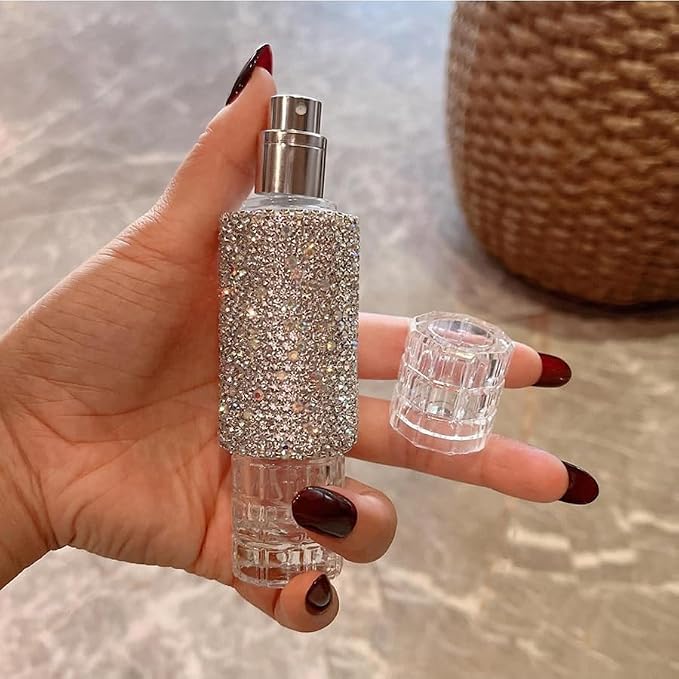 Luxury Rhinestone 30ML Refillable Perfume Bottle – High-End Portable Large Capacity Glass Spray Bottle with Aluminum Atomizer (Silver)