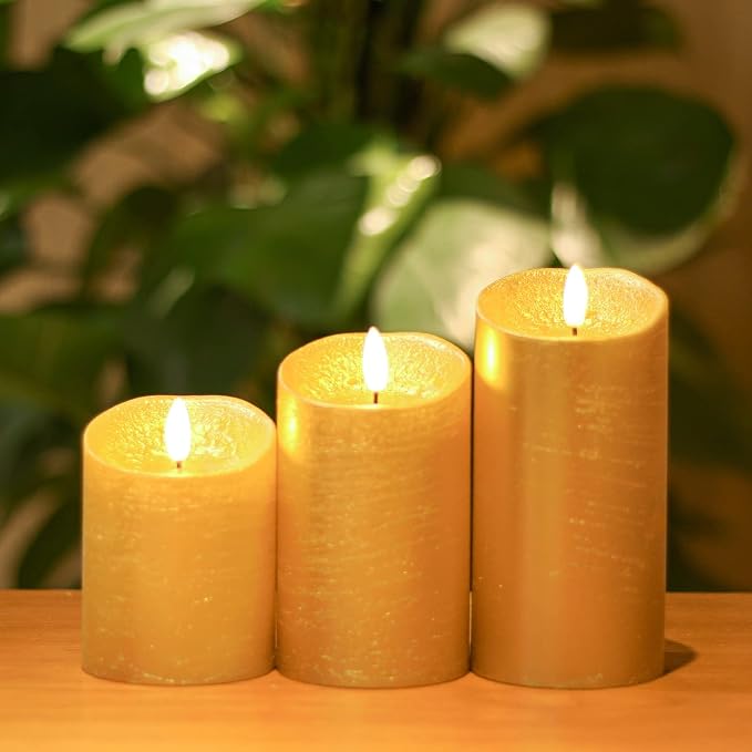 ANGELLOONG Gold Flameless Candles with Remote, Real Wax Battery Operated Electir LED Pillar Candles with Timer for Valentines Wedding Party Home Decor Halloween Christmas, Set of 3
