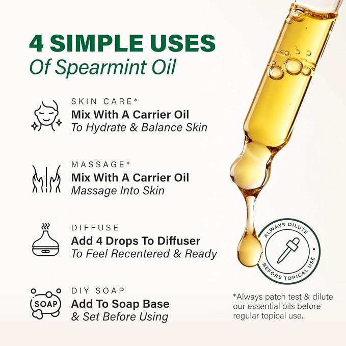 100% Pure Spearmint Oil - 4 Fl Oz Spearmint Essential Oil for Hair, Skin, Diffuser, Aromatherapy & DIY Soap Making Scent