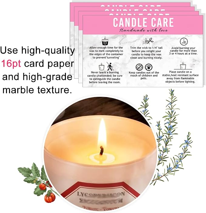 Handmade Candle Care Instruction Card, Card, for Makers Soy Bees Wax Coconut Essential Oils Black with White, 50 Pack 3.5 x 2 inches (Pink)