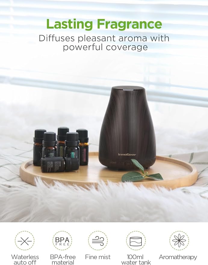 InnoGear Essential Oil Diffuser with Oils, 100ml Aromatherapy Diffuser with 6 Essential Oils Set, Aroma Cool Mist Humidifier Gift Set, Dark Wood Grain