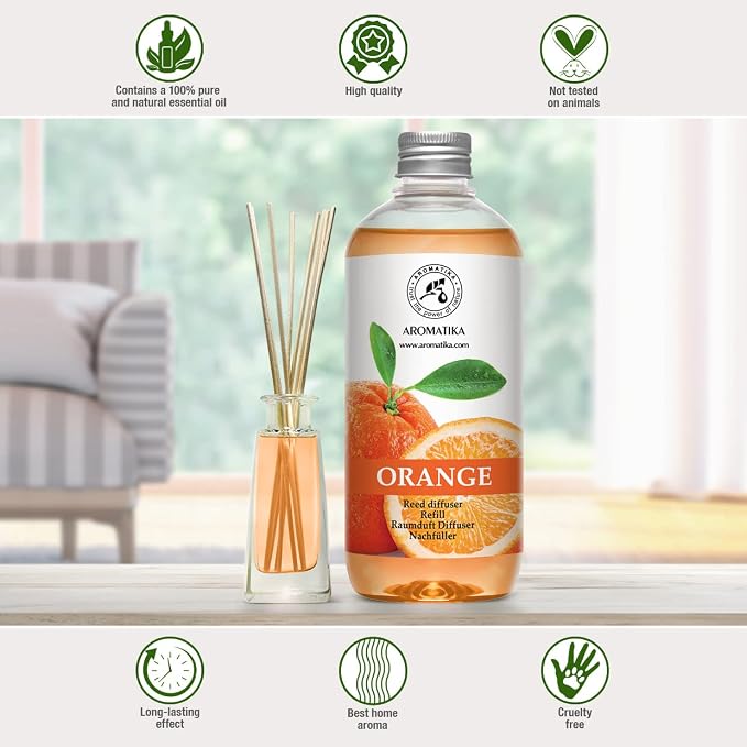 AROMATIKA Orange Reed Diffuser Refill 17 Fl Oz (500ml) - Room Fragrance Diffuser with Natural Essential Orange Oil - Best for Aromatherapy - Home - Kitchen - Office