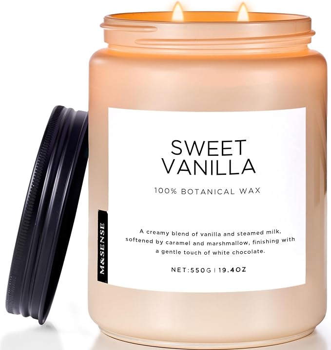 M&SENSE Vanilla Scented Candles, 19.4oz Large Natural Soy Wax, 110 Hours Long Lasting, Non Toxic Organic Candles Clean Burn, Sweet Smelling for Stress Relief, Aromatherapy Relaxing Gifts for Women