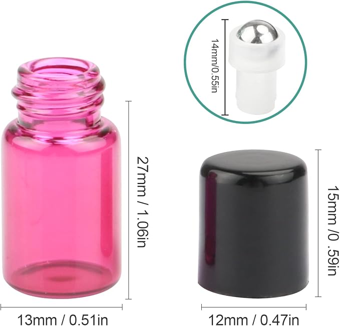 Furnido Pack of 50,2ml (5/8 Dram) Glass Roll on Bottle Mixed Color Sample Test Roller Essential Oil Vials Stainless Steel Roller Balls With Black Cap For Aromatherapy,Perfume Oils-Pipette included