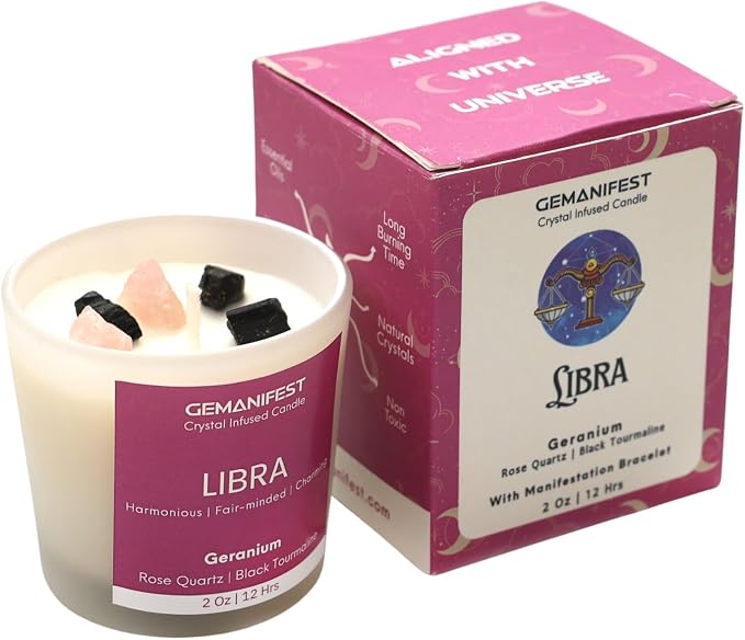 Libra Zodiac Candle with Bracelet Birthday Gifts for Libra Women Men Soy Geranium Scented Manifestation Crystal Candles Astrology Gifts Birthstone Candle