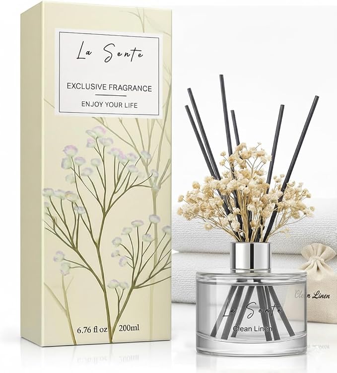 Reed Diffuser Set (6.7fl oz), Natural Clean Linen Essential Oil Fragrance with Glass Bottle, Black Rattan Sticks & Preserved Flowers, Up to 120 Days Lasting Fragrance for Home & Office