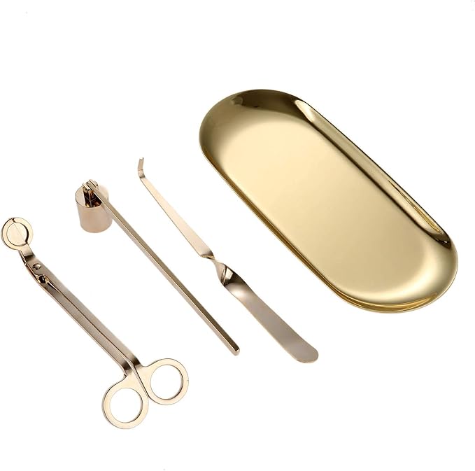 MUXSAM 4 in 1 Candle Accessory Set - Wick Snuffer, Wick Trimmer, Wick Dipper, Storage Tray Plate, Candle Care Tools Kit Gifts for Scented Candle Aromatherapy Lovers - Gold