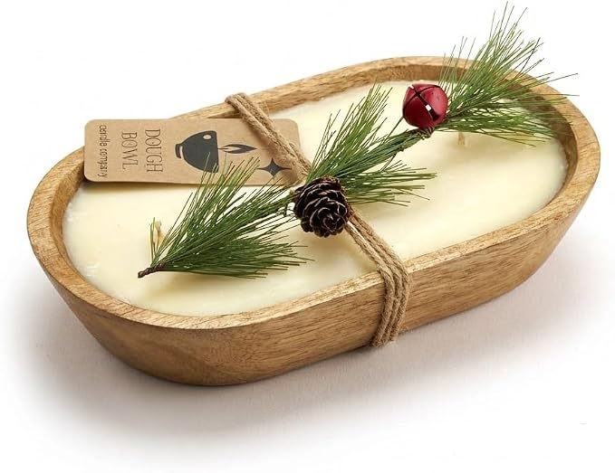 Dough Bowl Candle Co. Christmas Tree Soy Candle - 3 Wick Rustic Farmhouse Decor Odor Eliminator in Ornamental Wooden Bowls, 20 Ounce All-Natural Gifts for Women and Men, Wooden Decor Dough Bowls