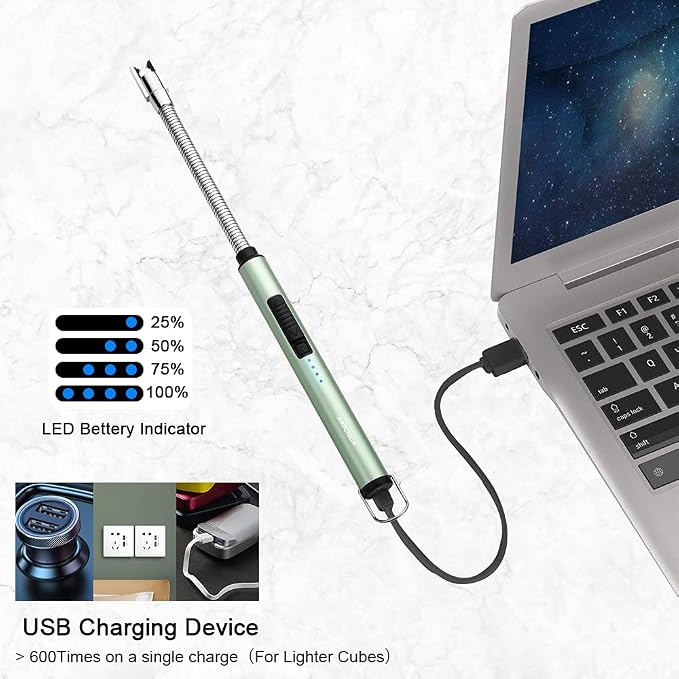 ARECTECH Electric Arc Candle Lighter Flameless Rechargeable USB Long Lighter for Candle Cooking BBQs Fireworks Green
