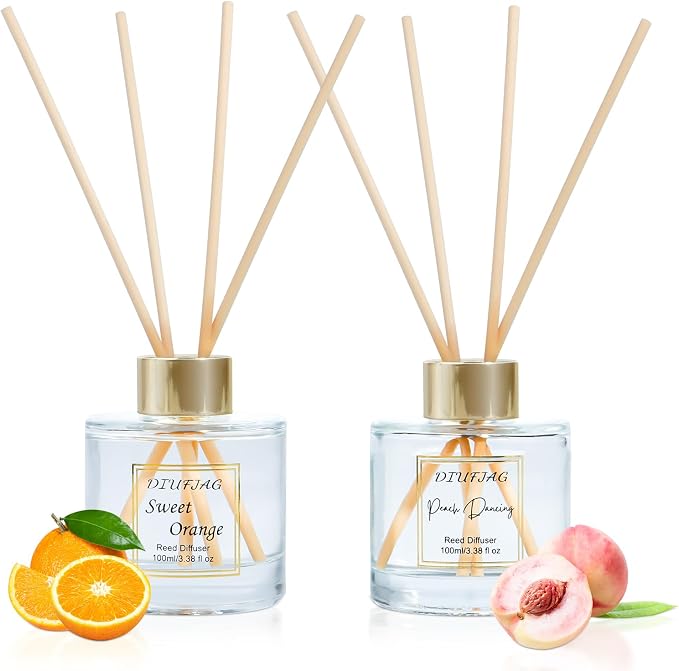 200ml Scent Diffuser with 6 Fiber Sticks, 6.76 oz Reed Diffuser Set Aromatherapy Fragrance Diffusers Air Fresheners for Home Bedroom Bathroom (Orange Peach)