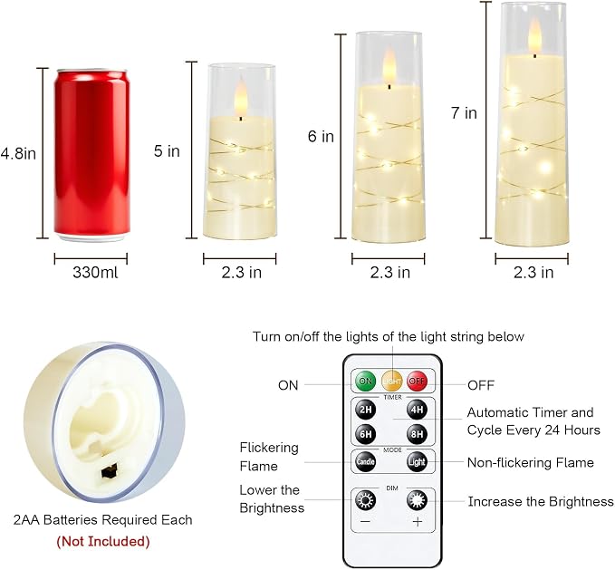 Raycare Flameless Candle with Remote Timer, 3 Flickering Acrylic Battery Operated LED Pillar Candles with Embedded Star String for Christmas, Wedding, Home Table Decor, and as a Gift (Ivory White)