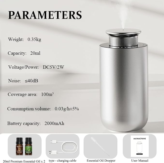 2026 Upgraded Rechargeable Car Scent Diffuser Kit, Includes 2 Premium Oils, Auto On/Off, Hotel Diffusers with 4 Mist Levels & Timers, Portable Aromatherapy Diffuser for Home,Room,Studio,Office-Silver