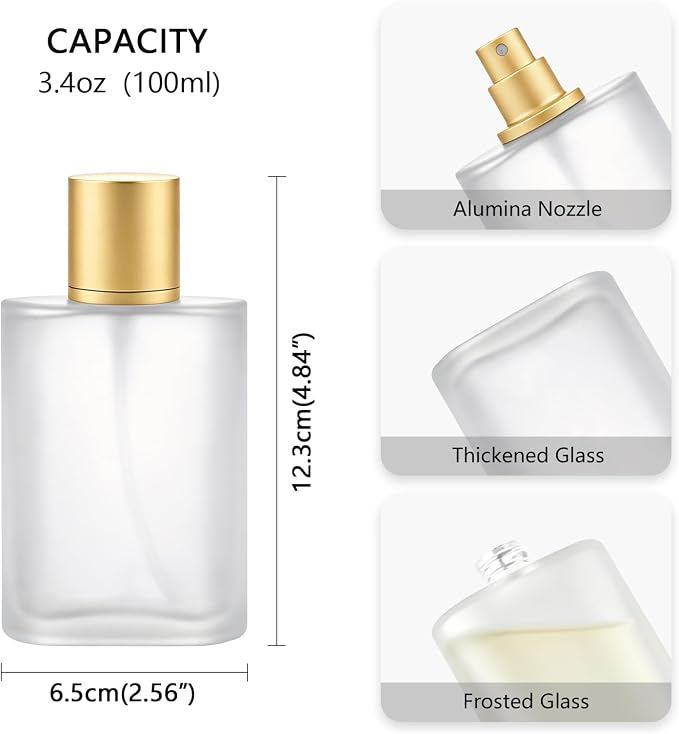 100ml 3.4oz Frosted Glass Spray Bottle | For Essential Oils & Perfume, Empty Refillable Atomizer, Fine Mist, Includes Makeup Funnel, 3ml Dropper & Gift Bag