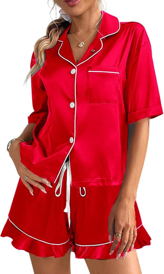CHYRII Women's Silk Satin Pajamas Two Piece Pj Sets Short Sleeve Tops Ruffled Shorts Sleepwear with Magnetic Diffuser
