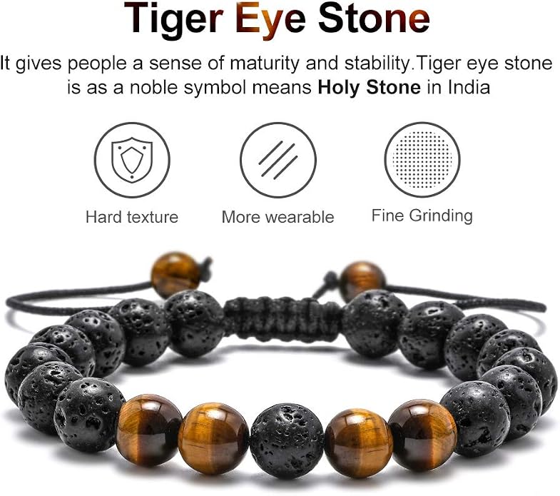 M MOOHAM Mens Bracelet - Beaded Natural Stone 8mm Tiger Eye Matte Agate Lava Rock Bracelets for Men Teen Boys Grandpa Dad Birthday Gifts Jewelry