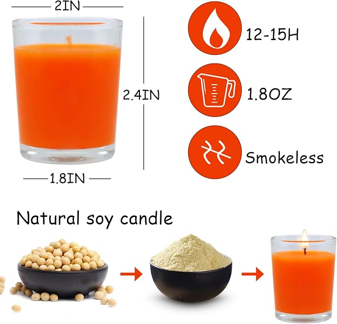 Set of 20 Orange Votive Candles Clear Glass Filled Unscented Soy Wax Candle for Home Halloween Fall Harvest Thanksgiving and DIY