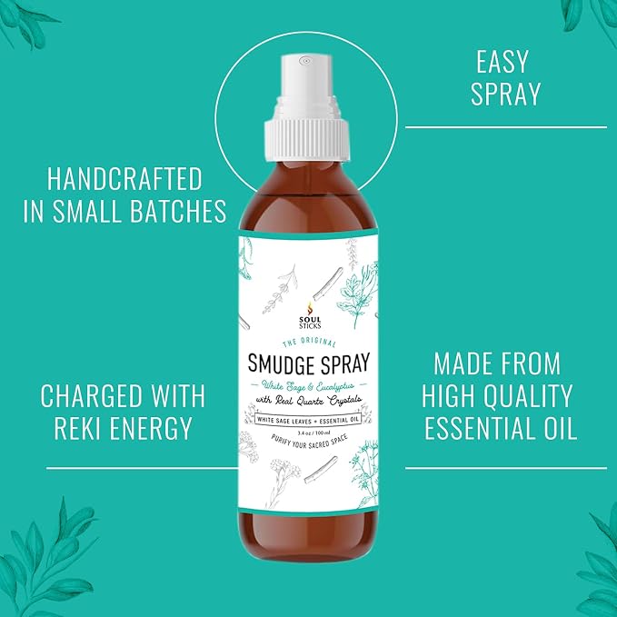SOUL STICKS White Sage & Eucalyptus Smudge Spray – 3.5oz Smokeless Energy Mist with Quartz Crystals – Essential Oil Spray for Focus, Clarity, Aura Cleansing, Meditation, and Home Refreshing