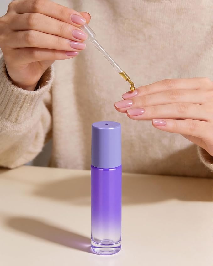 Worldgsb 4 Pack Essential Oil Roller Bottles, 10ml Refillable Glass Roller Bottles with Stainless Steel Roller Balls and Caps for Travel, Perfume and Lip Gloss Purple Gradient
