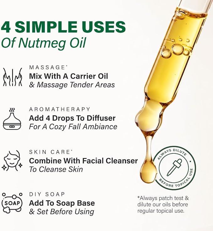 100% Pure Nutmeg Oil - 1 Fl Oz Nutmeg Essential Oil for Hair, Skin, Diffuser, Aromatherapy & DIY Soap Making Scent