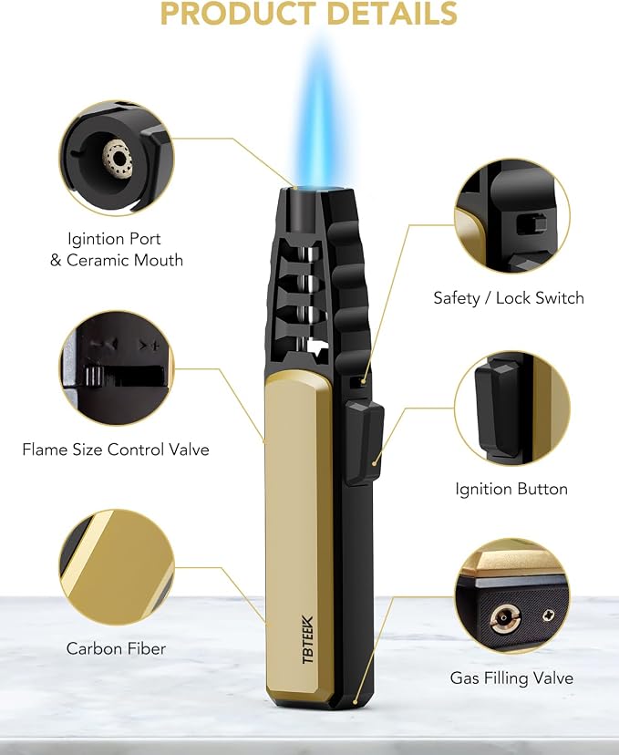 TBTeek Butane Torch Lighter 2 Pack, Adjustable Jet Flame Lighter, Refillable Blow Torch, Cooking Torch with Safety Lock for Kitchen, Baking, Candle, Camping, Gold(Gas Not Included)
