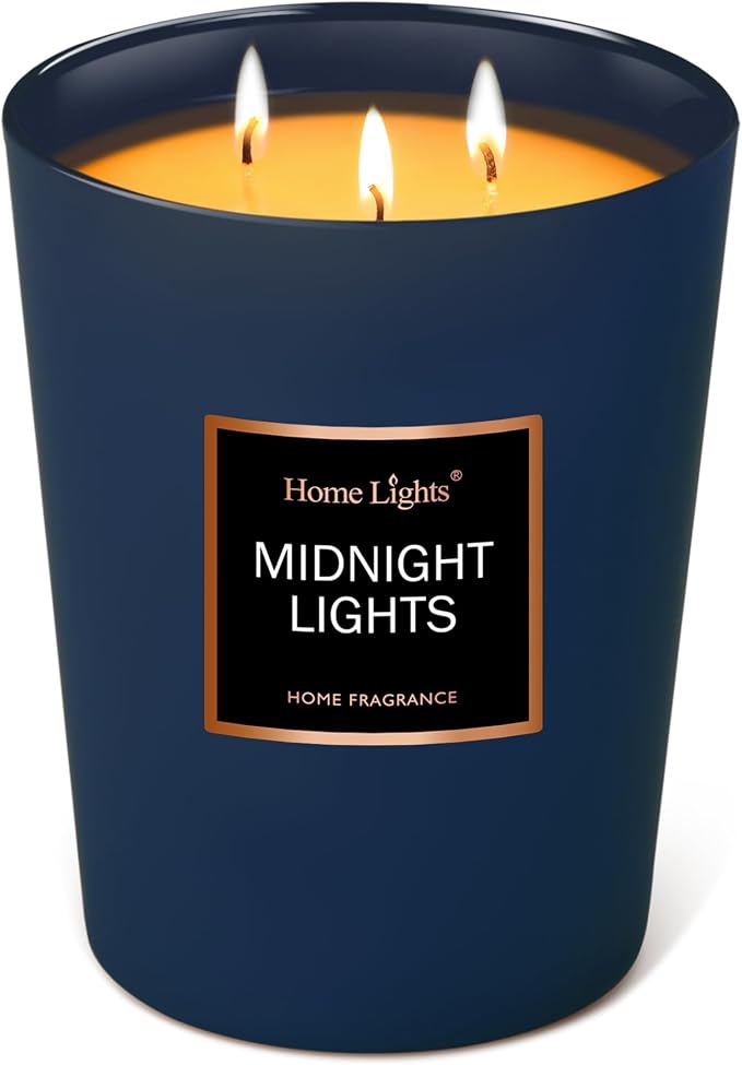 HomeLights Highly Scented Soy Candles Big 33.3 oz for Home. 3 Cotton Wicks, Smokeless Long Lasting 130 hrs in Midnight Lights. 5x6, Great Gift for Women & Men