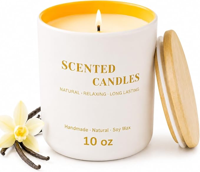 Lanttu Vanilla Scented Candle for Home Decor, 10 oz Natural Soy Wax Jar Candles, 39 Hours Long Lasting Burning Candles for Mom Friend Birthday Housewarming Gift