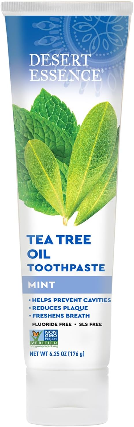 Desert Essence Tea Tree Oil Toothpaste - Mint - 6.25 Ounce - Refreshing Taste - Deep Cleans Teeth & Gums - Helps Fight Plaque - Sea Salt - Pure Essential Oil - Baking Soda - Promotes Healthy Mouth