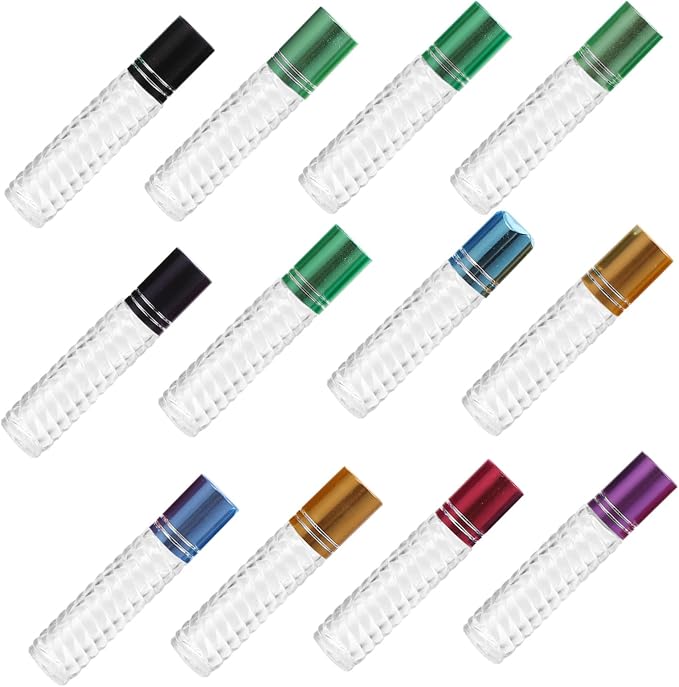 Lurrose 12pcs 5ml Glass Roller Bottles with Cap Essential Oil Bottle Kit Perfume Sub-packaging Portable Mini Roll-on for Travel and Aromatherapy Use Random Color