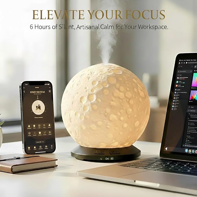 Moonlight Zen 200ml Ceramic Essential Oil Diffuser – Ultrasonic Aromatherapy Moon Lamp with 6H Mist, 3-Timer Settings, Auto-Shutoff & Amber LED Glow – Artisanal Lunar Decor for Home, Office & Spa