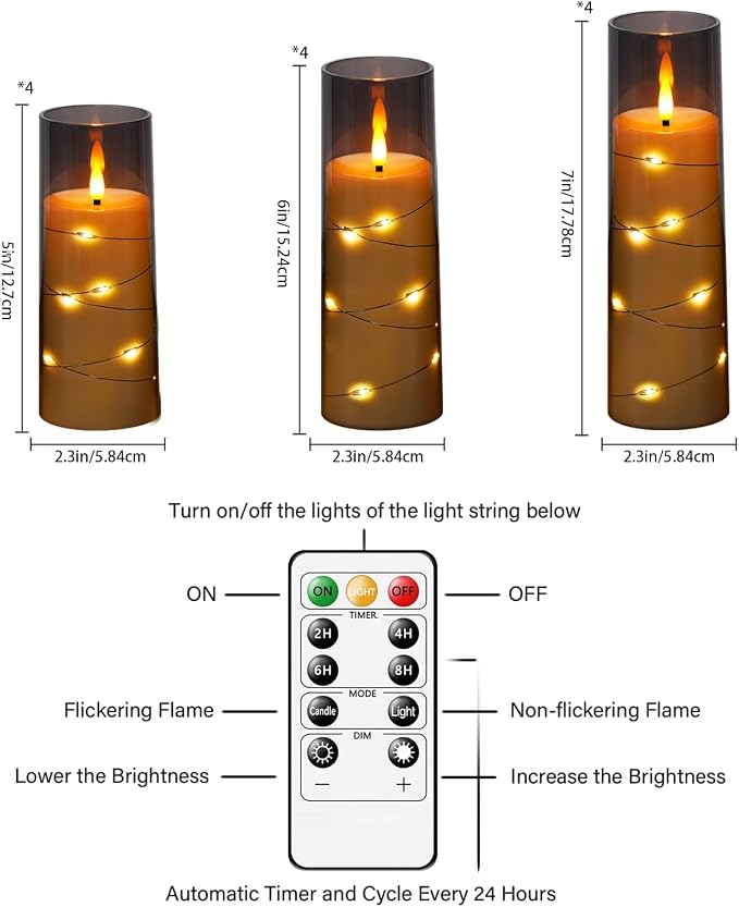 Sasigeiaa Flameless Candles with Embedded Star String - Battery Operated LED Candles, with Remote,12 Grey Flickering Candles for Christmas, Weddings, Home Decor & Party,(D 2.3"×H 5" 6" 7")