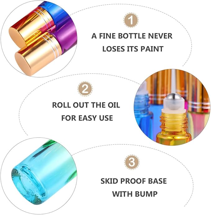 VICASKY 20pcs 10ml Essential Oil Roll-on Bottles with Gradient Colored Caps Refillable Glass Roller Bottle Kit for Aromatherapy and Perfume Portable Subpackaging for Travel and Daily Use